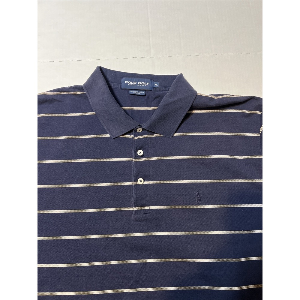 Vintage Ralph Lauren Polo Golf Shirt 100% Pima Cotton Men's XL Navy Blue Striped